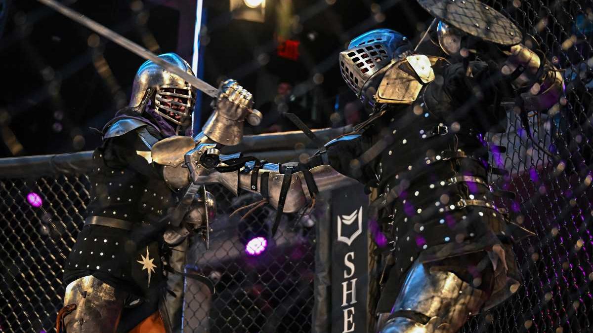 Armored fighters with swords fill a Long Island City cage