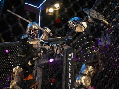 Armored fighters with swords fill a Long Island City cage