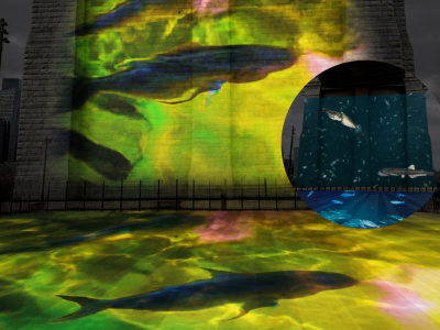 Hudson Canyon sea life lights up a Brooklyn Bridge pylon Friday night, free