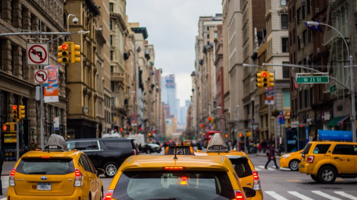 Yellow taxis on a sunny Manhattan street