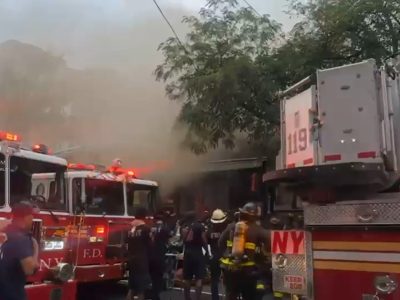 Six firefighters hurt as four-alarm blaze rips through a Williamsburg restaurant row
